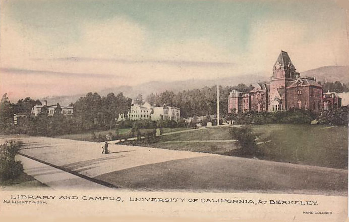 Hand colored artwork - Library and campus of university of california berkeley, by N.J. Abbott