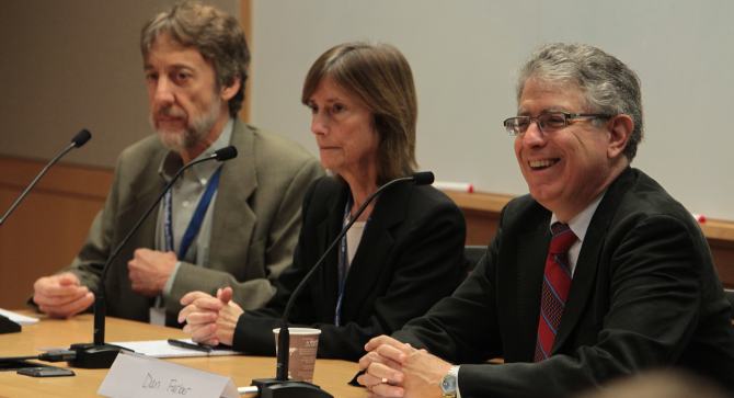 Steve Weissman, Elizabeth Cabraser and Dan Farber speaking on a panel