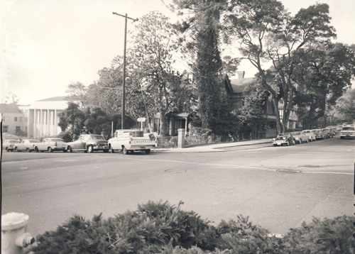 Old black and white photograph of the corner of Bancroft and Piedmont