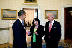 Judge Sonia Sotomayor speaks with President Obama and Vice President Joe Biden at The White House