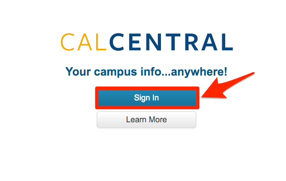 CalCentral sign in page with an arrow from the right emphasizing the sign in button
