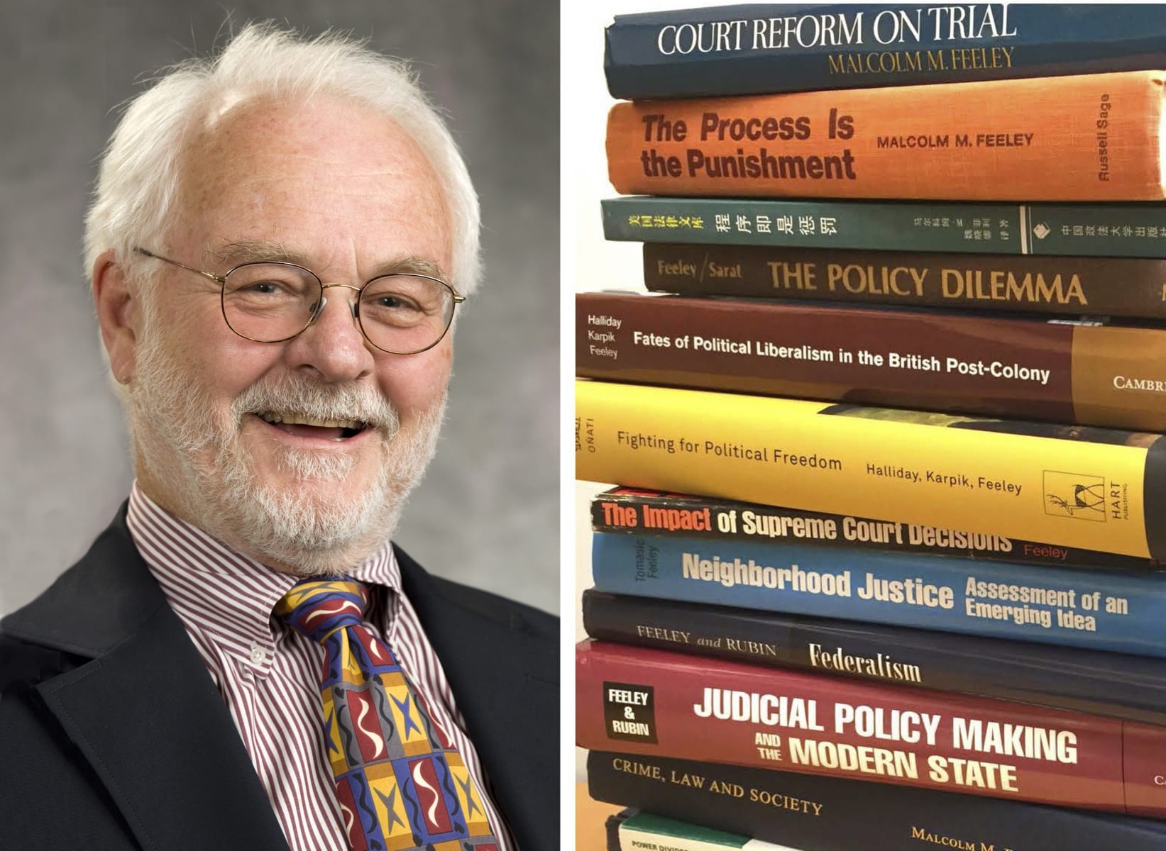 Malcolm M. Feeley headshot on left with separated photo of related law, policy, and justice books on right.