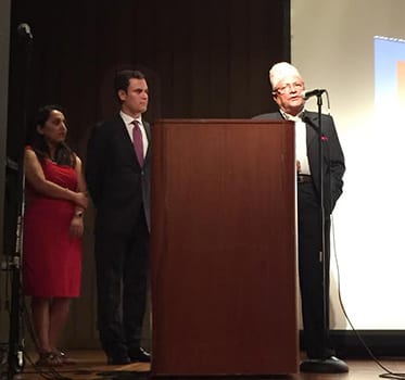 LL.M. students Dagriti Singh and Marco Portillo listen to remarks by Bhek Bahadur Thapa, former Nepal Ambassador to the U.S. 