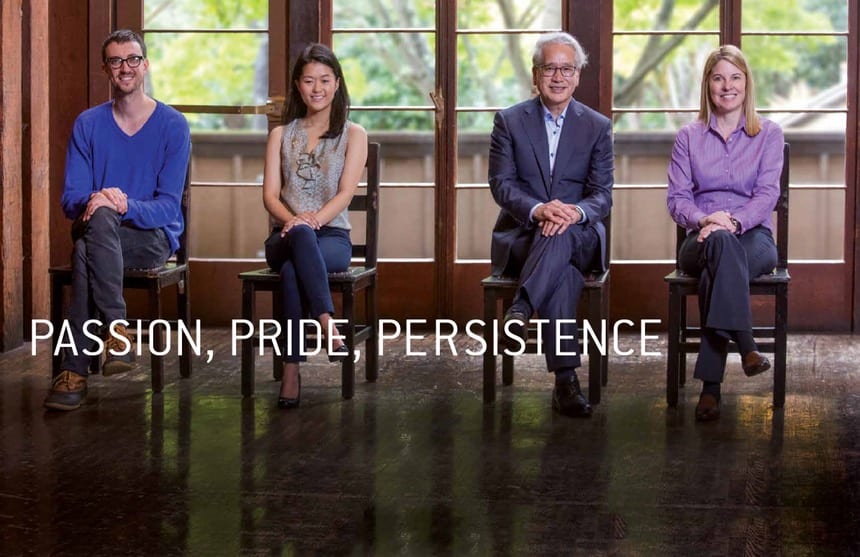 Josh Epstein ’17, Heidi Quach ’18, Don Tamaki ’76, and Kelly Dermody ’93 take a seat in the great room of the Faculty Club.