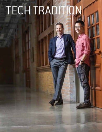 The clue: This building’s airy three-story lobby was made to resemble a mineshaft. The answer: Matt Sonsini ’92 and Stephen Chao ’18 in the hallway of the Hearst Memorial Mining Building.