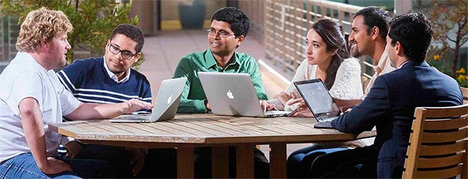 Nosocom Solutions CEO Narseh Sunkara (third from left) meets with Evan Zepfel '18, Charles Cartagena-Ortiz '18, Yasmine Agelidis '17, MBA student Shantanu Mittal, and Josh Ephraim '17 of Berkeley's InSITE Fellowship, which teams law and business students on consulting projects for area startups. 