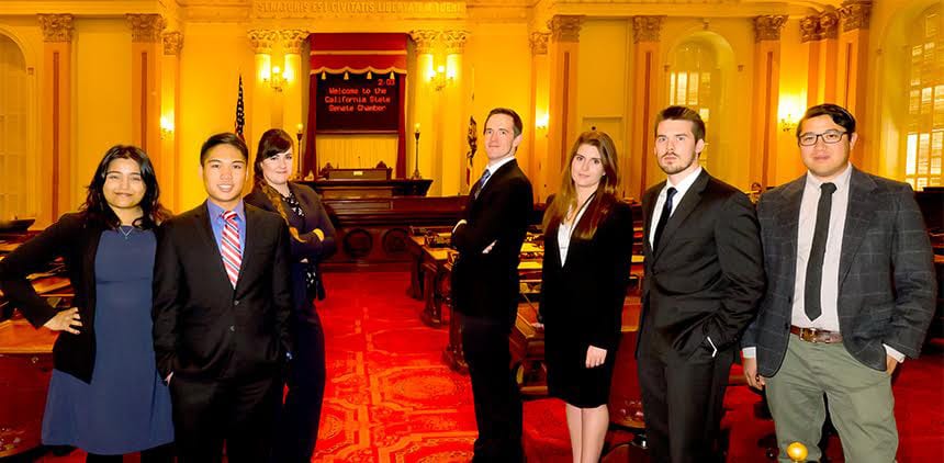 Students at the Fair Political Practices Commission (FPPC) meeting at the state capitol: (L to R) Raina Shah, Dana Cruz, and Olga Bykov of Davis; and Richard Johnson '17, Anna Tsiotsias '17, Brandon Stracener '16, and Misha Tsukerman '16 of Berkeley Law.