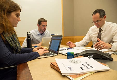 The Berkeley team, led by David Carrillo (right), meets weekly for a conference call with the Davis students to share progress and discuss next steps in the redraft process. 