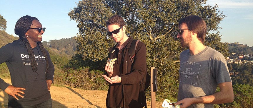 Environmental Law Clinic students Nnanke Williams '16, Eric Moorman '16 and Tim Horgan-Kobelski '16 during a recent class session in Claremont Canyon. While discussing effective writing, students passed around a eucalyptus seed and had each person provide a more specific, compelling description than the one before.