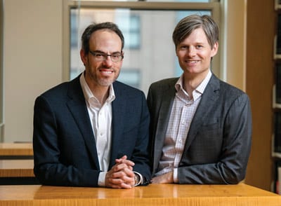 STAND-UP GUYS: Co-chairs David Zapolsky '88 and Tyler Gerking '02 encourage alumni fundraising captains at law firms and other organizations to rally colleagues in support of Berkeley Law.