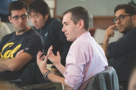 HANDS-ON HELP: Young entrepreneurs absorb free legal advice from Gunderson Dettmer associate Jesse Birbach during pro bono attorney hours at Startup@BerkeleyLaw’s FORM+FUND event in February.