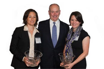 LIFE SAVERS: Death Penalty Clinic attorneys Jen Moreno ’06 (left) and Megan McCracken with Dale Baich, who presented their American Bar Association award.