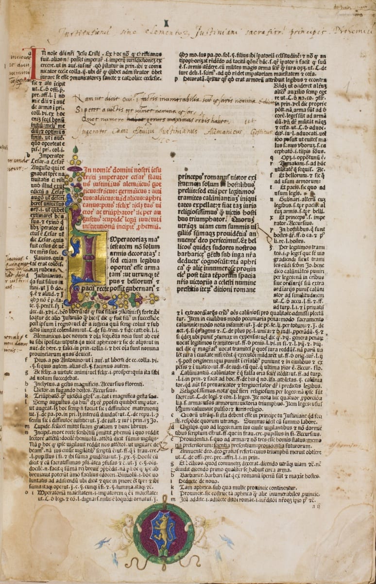 Illuminated incunable edition of the Institutes