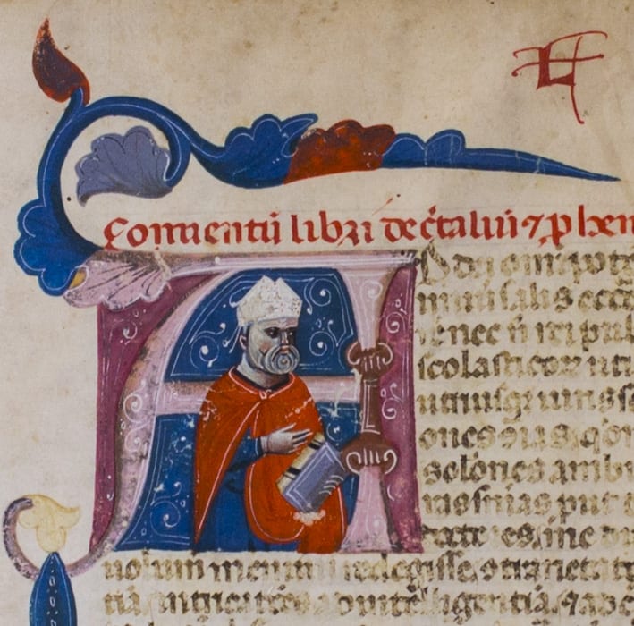 Image of Pope Gregory IX depicted on copied and illuminated manuscript from the fourteenth century
