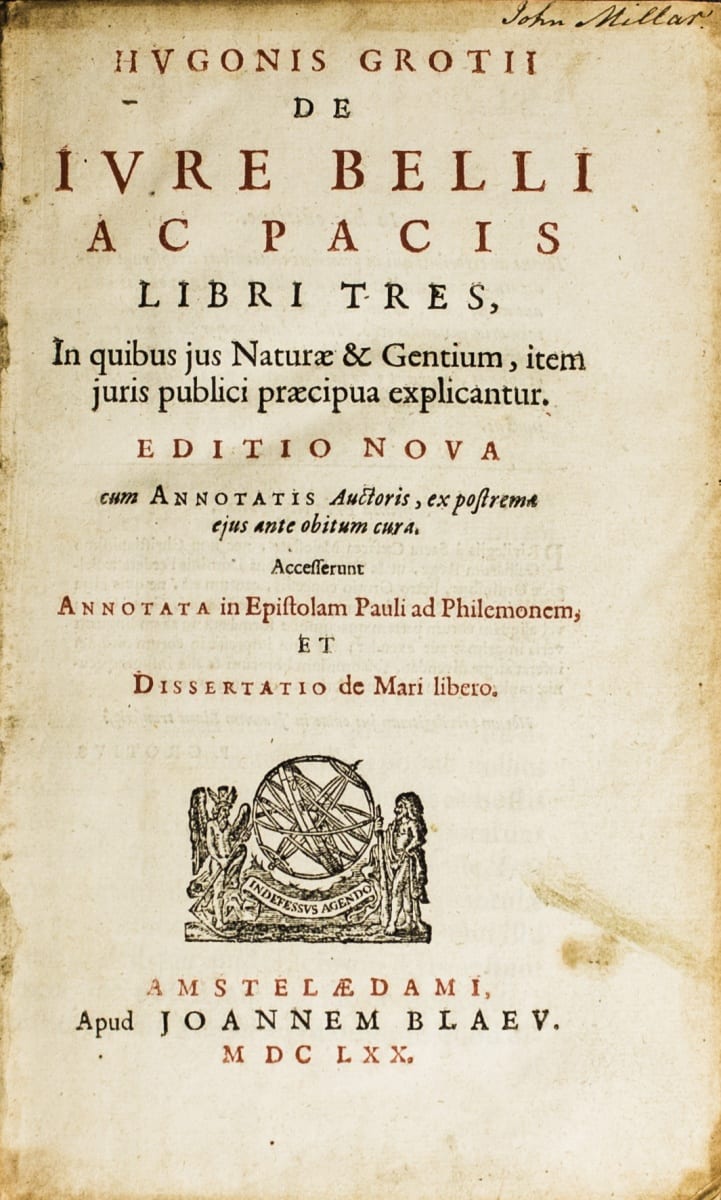 Photograph of the inside page of De iure belli ac pacis libri tres