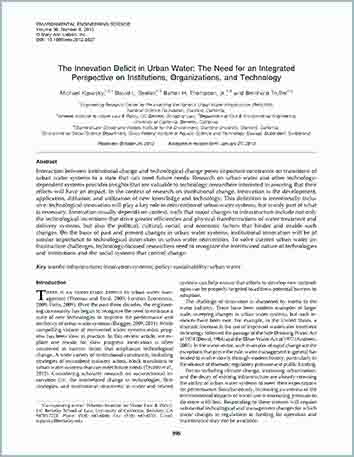 View The Innovation Deficit in Urban Water: The Need for an Integrated Perspective on Institutions, Organizations, and Technology