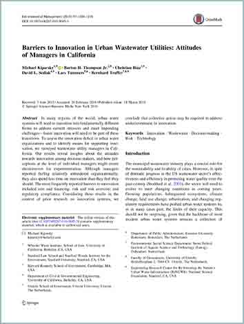 First page of article on "Barriers to Innovation in Urban Wastewater Utilities: Attitudes of Managers in California"