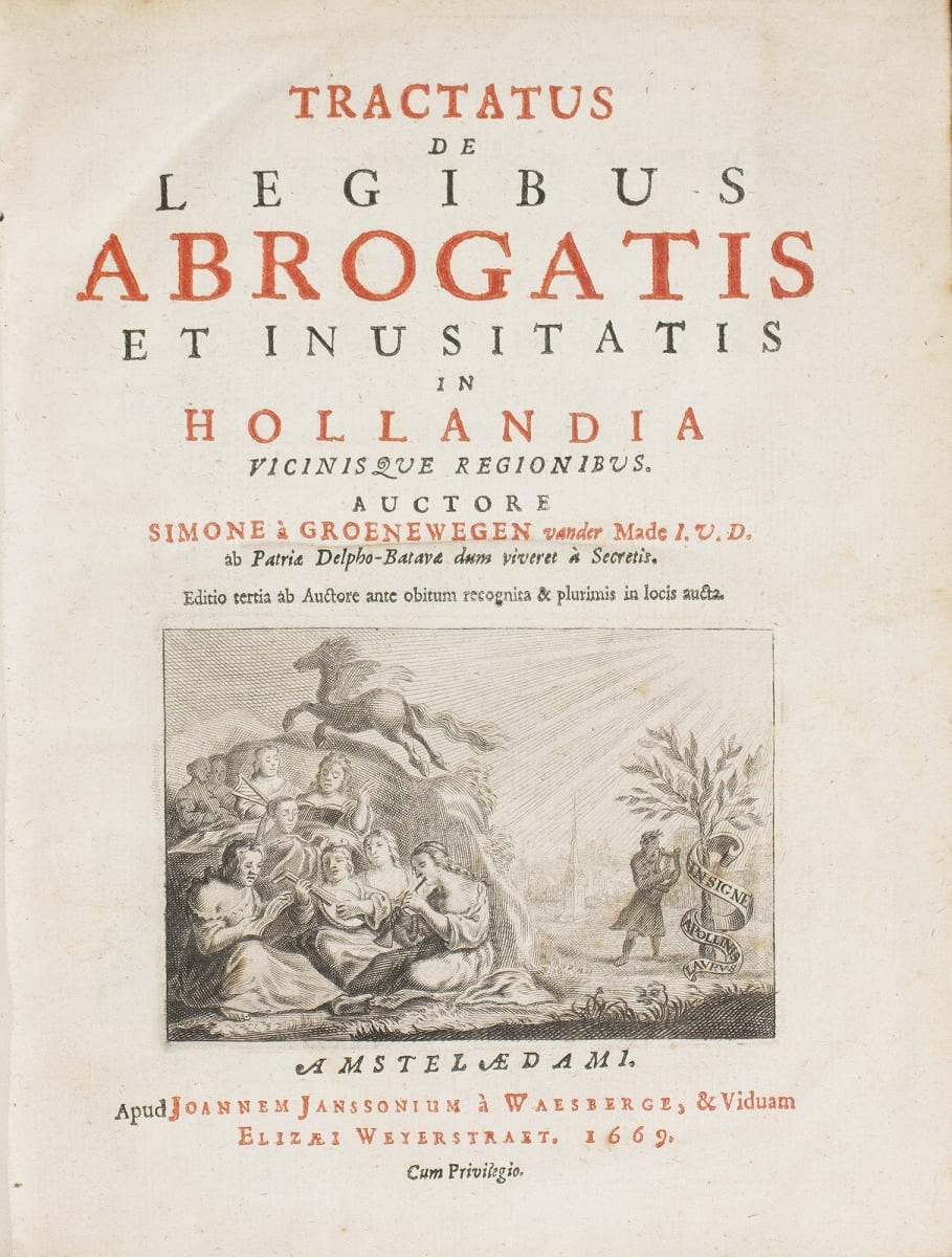 Frontispiece from 1669 book in latin, Legibus Abrogatis, with illustration of musicians and a horse. Links to larger version of this image. 