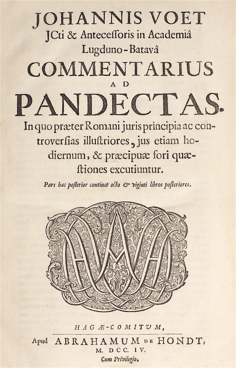 Frontispiece of old book in Latin, Johannis Voet Commentarius