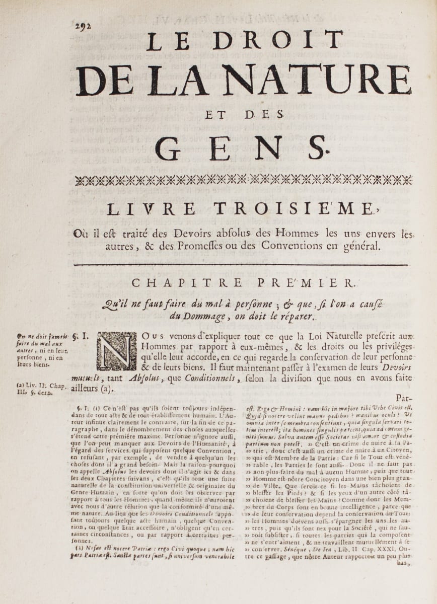 Old book page in French, Le Droit de la Nature et des Gens. Links to larger version of this image.