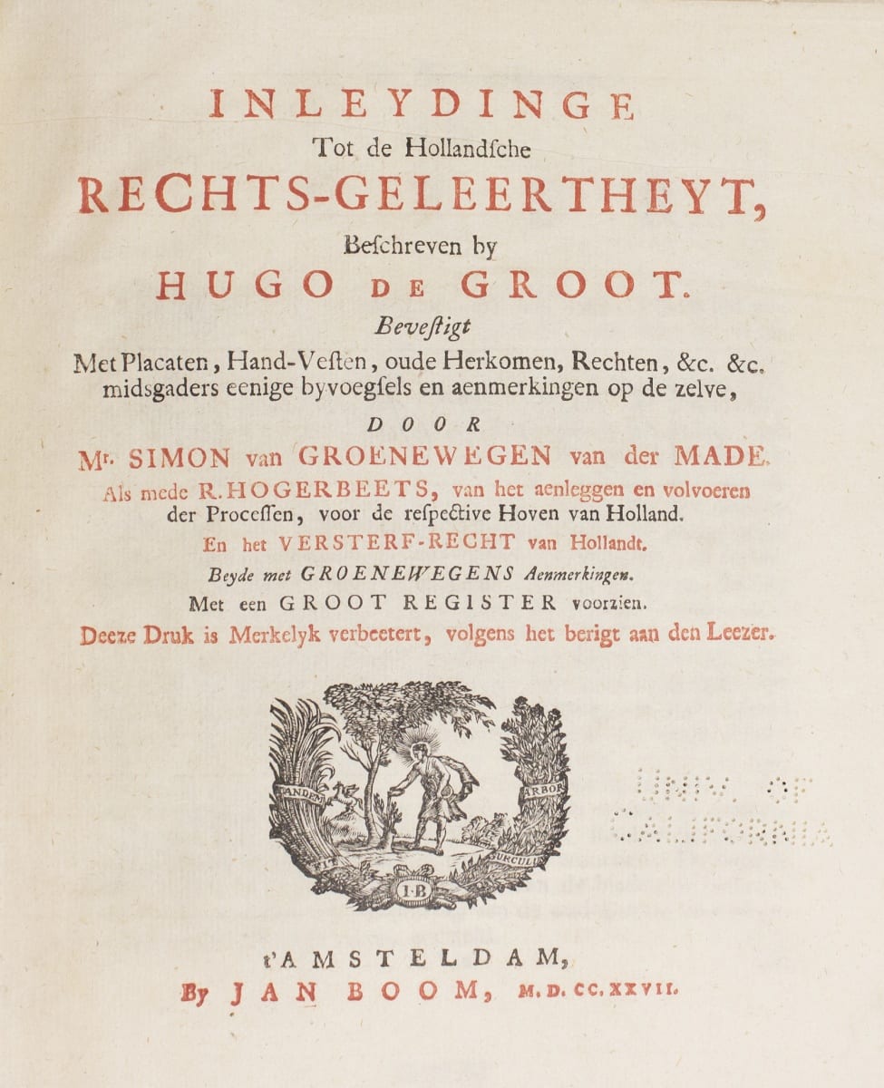 Old book frontispiece with red and brown ink, illustration of person under tree, text in Dutch. Links to larger version of this image.