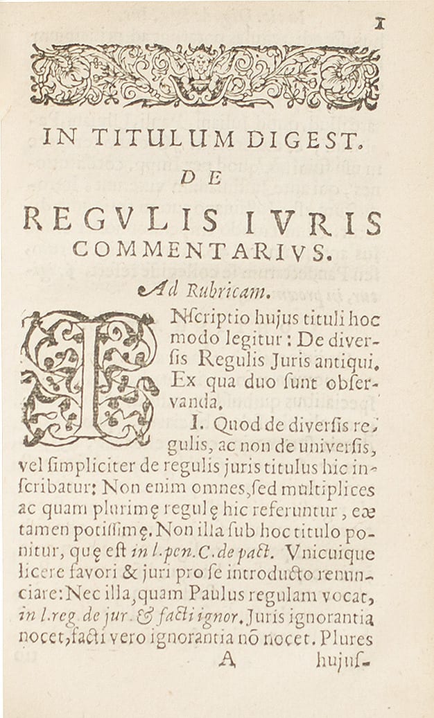 Old book page in Latin. In Titulum Digest de Regulis Iuris Commentarius