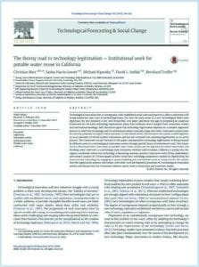 First page of article entitled "The thorny road to technology legitimation — Institutional work for potable water reuse in California"