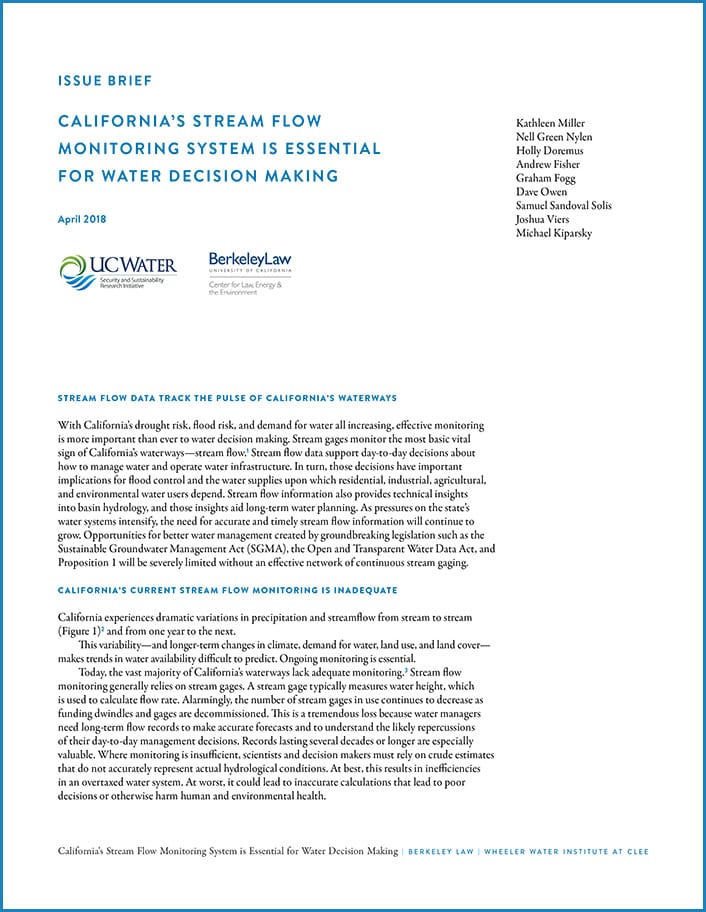 Cover of Issue Brief entitled "California's Stream Flow Monitoring System is Essential for Water Decision Making"