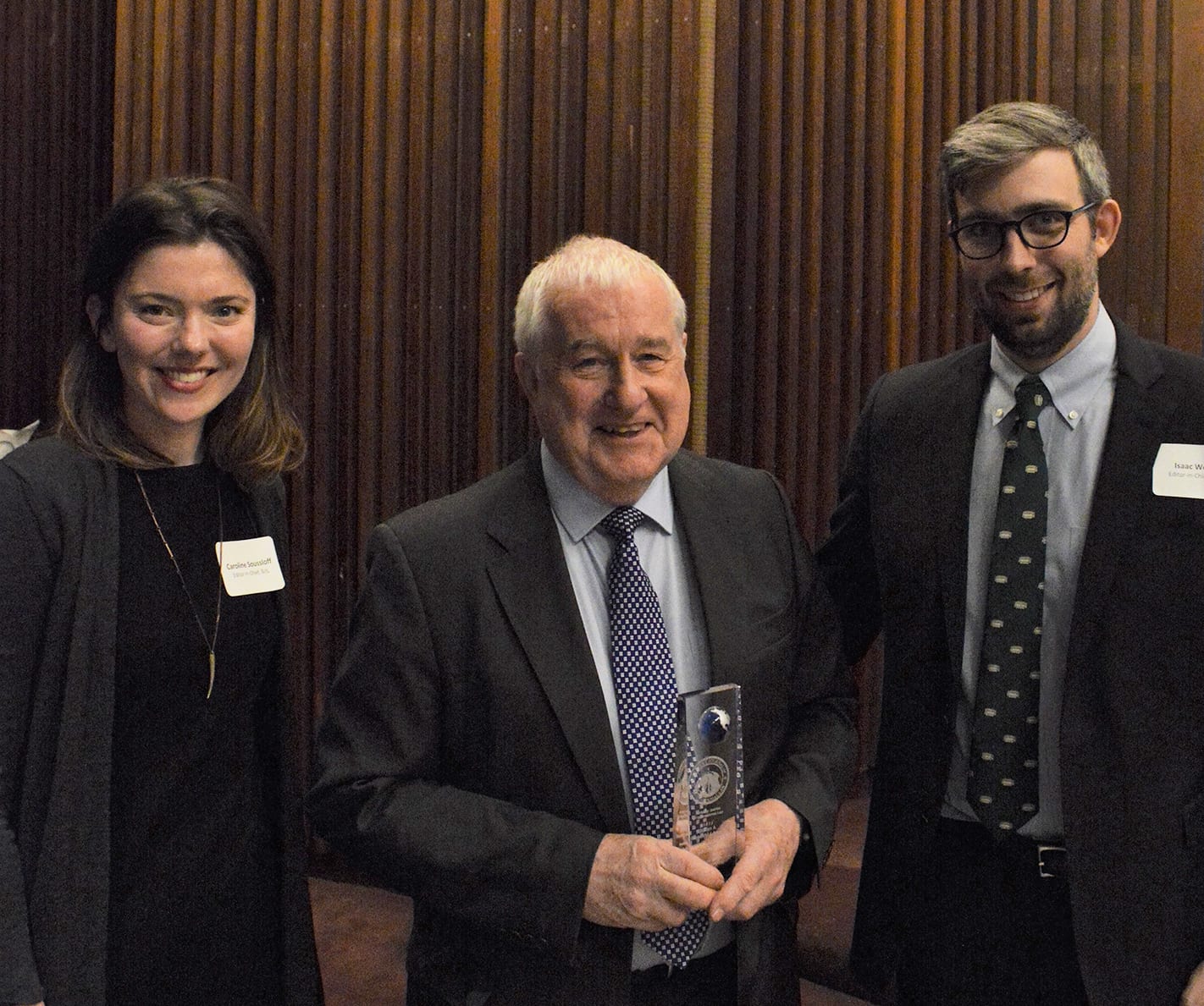 Guy Goodwin-Gill with BJIL Co-Editors-in-Chief Caroline Caroline Soussloff and Isaac Webb