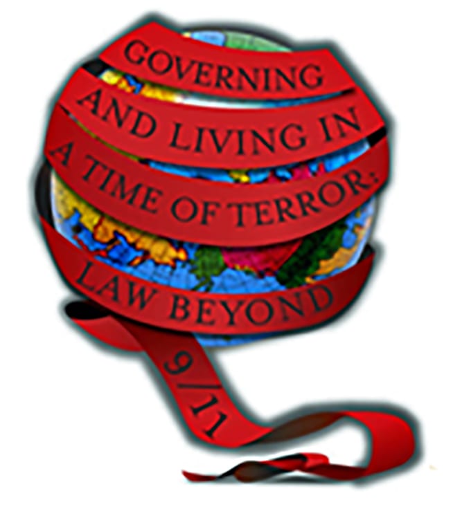 Illustration of world graphic with text: Covering and living in a time of terror: law beyond 9/11