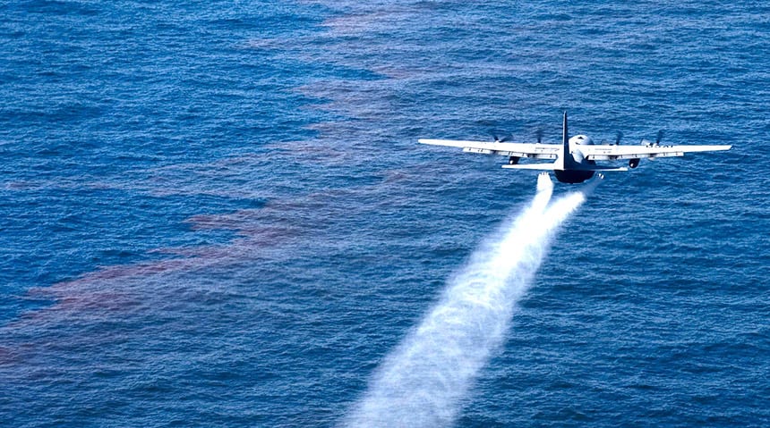 A plane flies over the Gulf of Mexico spraying Corexit, an oil dispersant that’s broadly suspected of being harmful to people and wildlife. Photo credit: U.S. Air Force