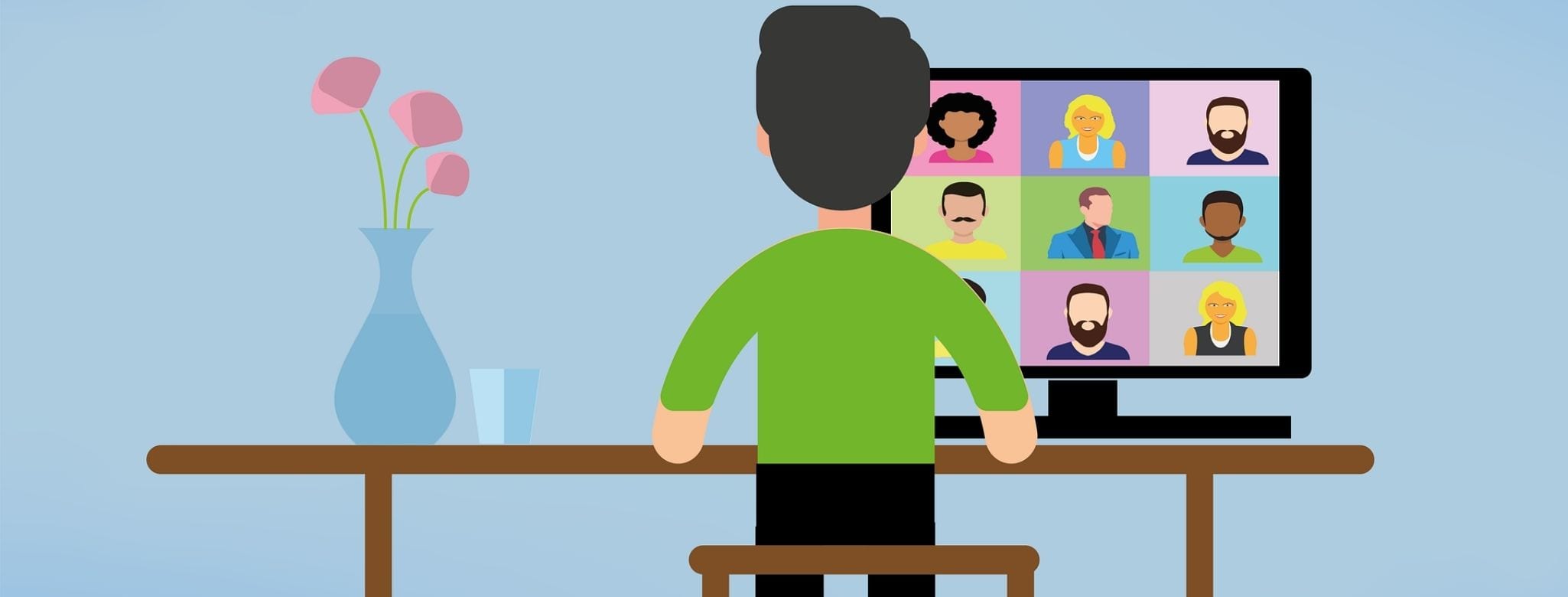 Illustration of a guy sitting in front of a screen with Zoom squares and faces