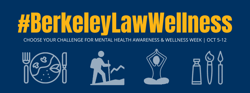 Logo for #BerkeleyLawWellness hashtag with icons symbolizing wellness activities