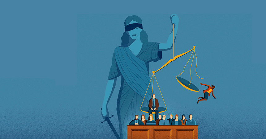 illustration of lady justice tipping person of color out of the jury box