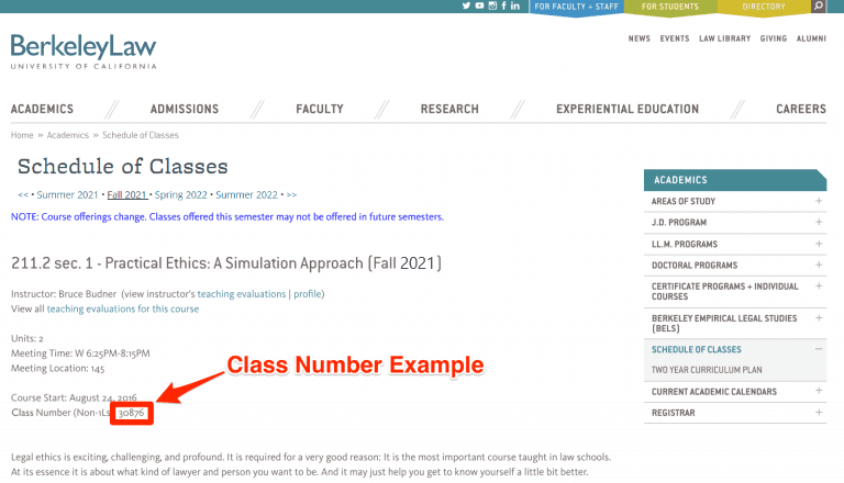 Course Description for Law 211.2 Practical Ethics with an arrow from the left pointing to the 5-digit class number.