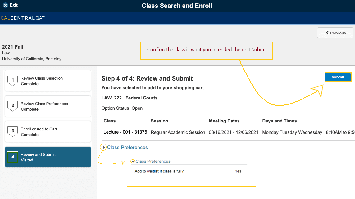 Confirm the class is what you intended and select 'Submit' to add it to your cart