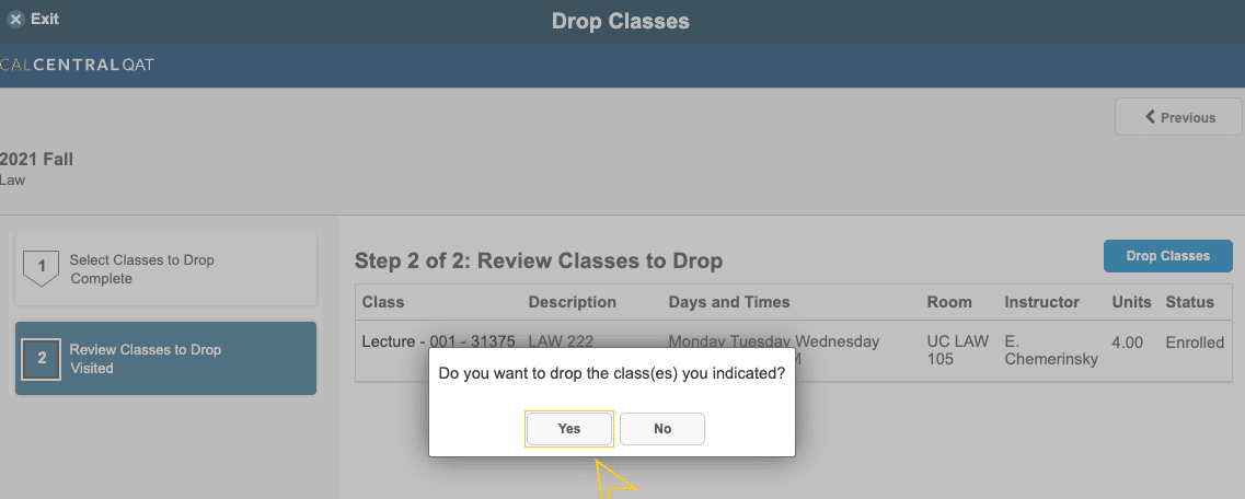 Pop up box reads "Do you want to drop the class(es) you indicated? Yes/No" The 'Yes' button is outlined in yellow with an arrow from below indicating the selection. 