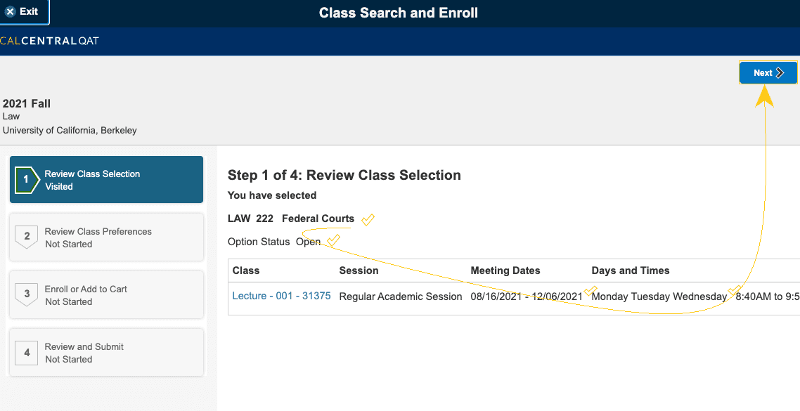 Review your class selection, then click 'Next' on the upper right