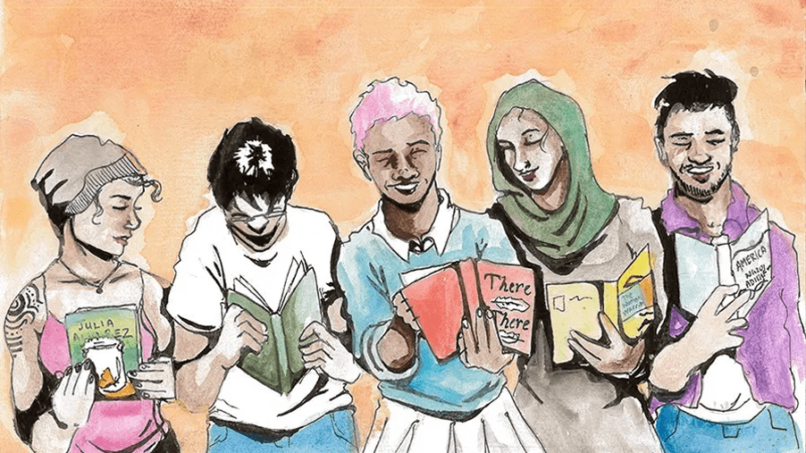 illustration of 5 students reading