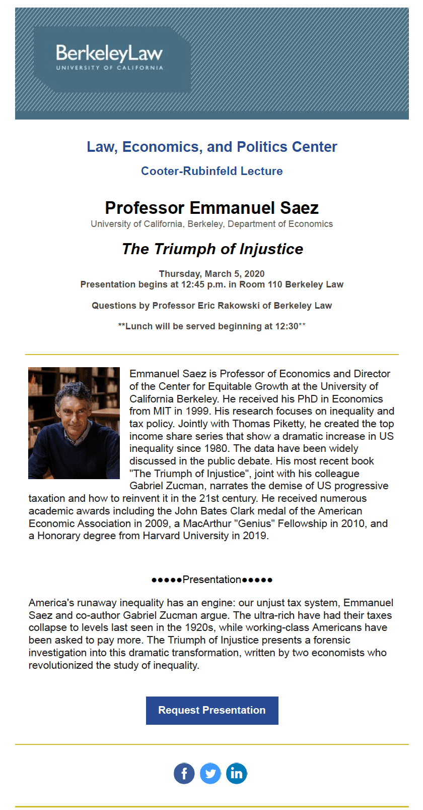 Flyer for Emmanuel Saez Talk