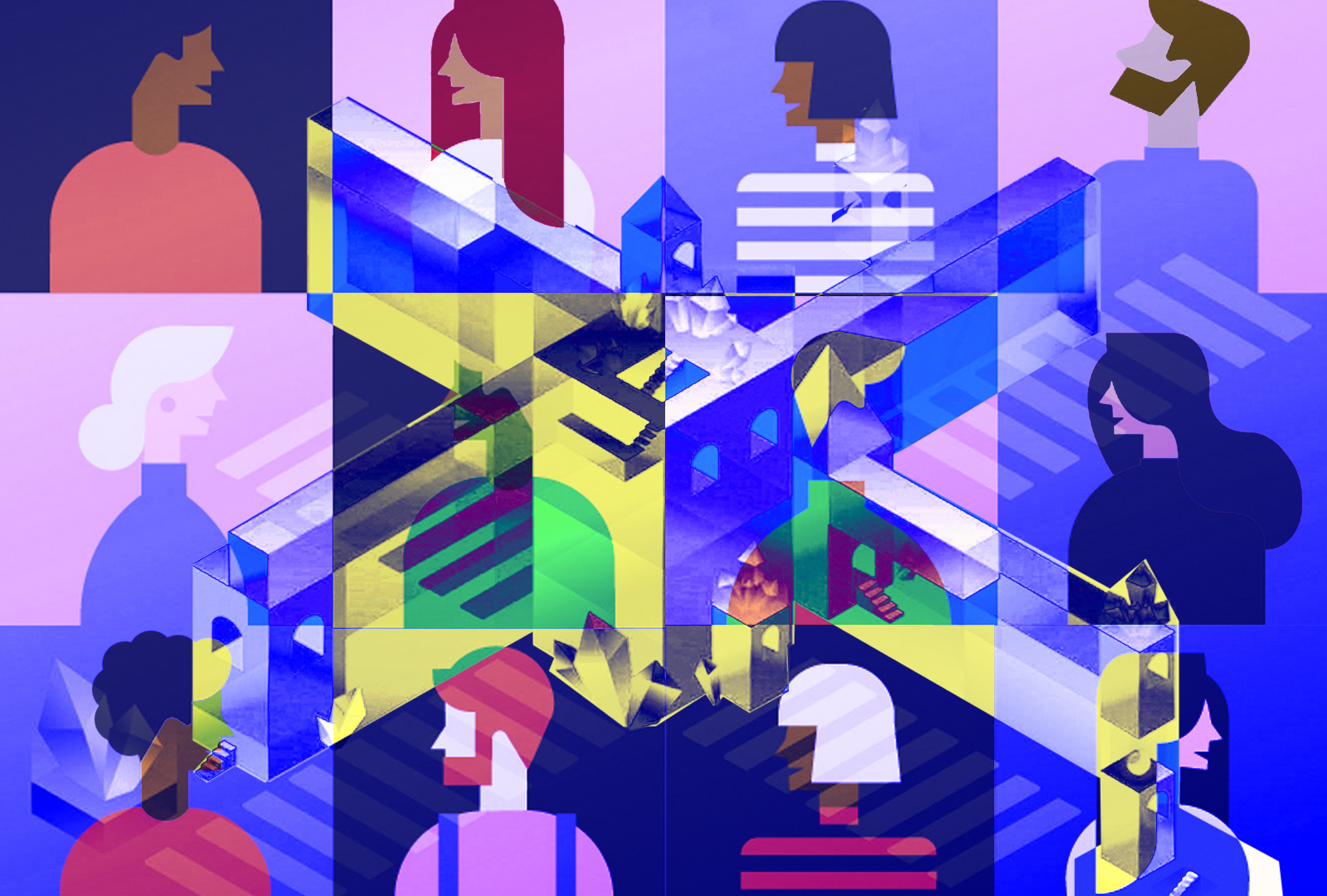 illustration of 12 colorful blocks of stylized people