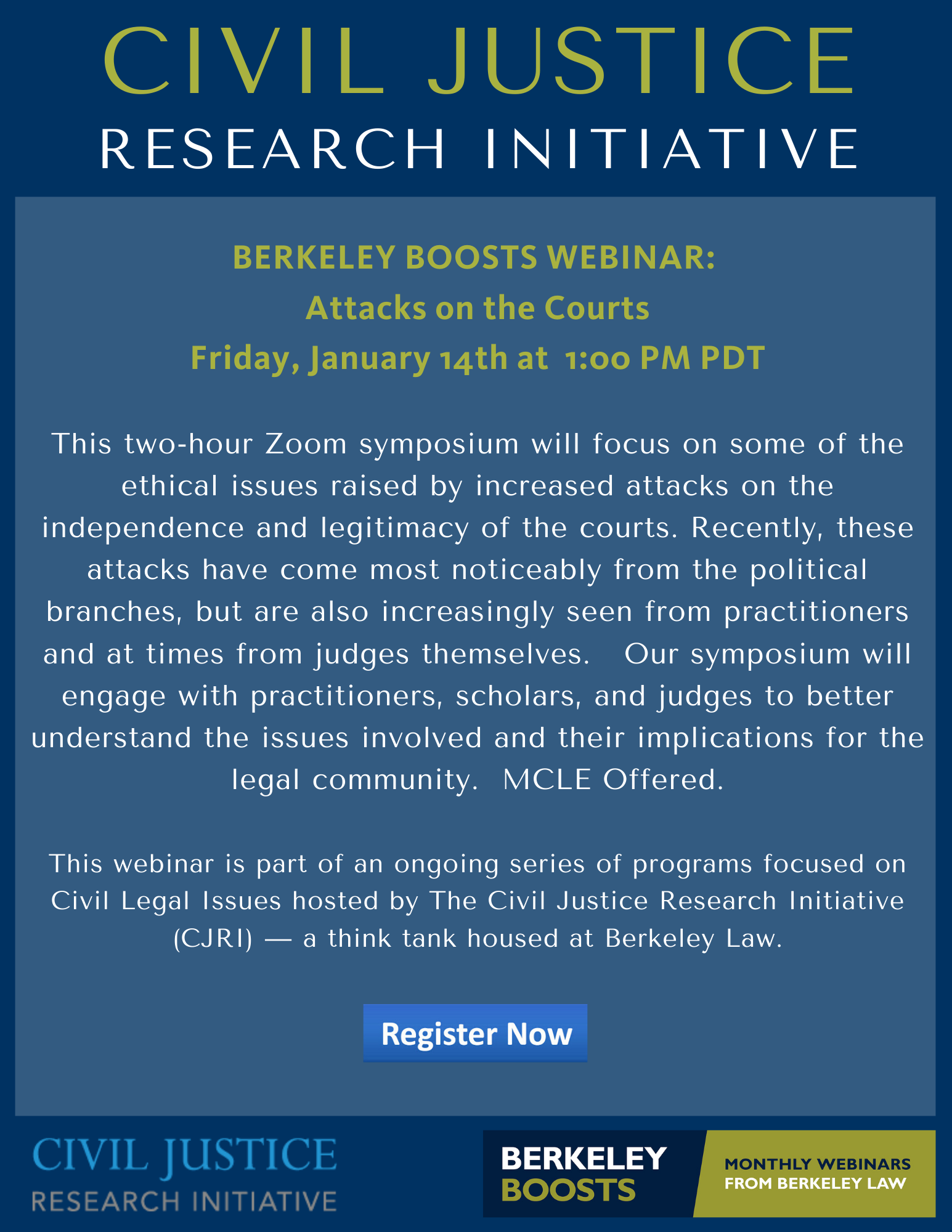 This two-hour Zoom symposium will focus on some of the ethical issues raised by increased attacks on the independence and legitimacy of the courts. Recently, these attacks have come most noticeably from the political branches, but are also increasingly seen from practitioners and at times from judges themselves. Our symposium will engage with practitioners, scholars, and judges to better understand the issues involved and their implications for the legal community. MCLE offered.