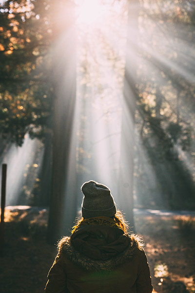 Woman looking up at ray of sunshine coming through trees