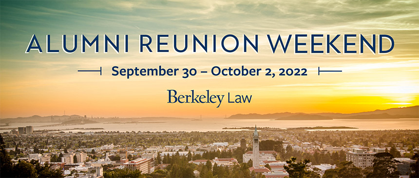Alumni Reunion 2022 banner - Sept. 30-Oct. 2 with campanile and sunset. Links to main reunion page. 