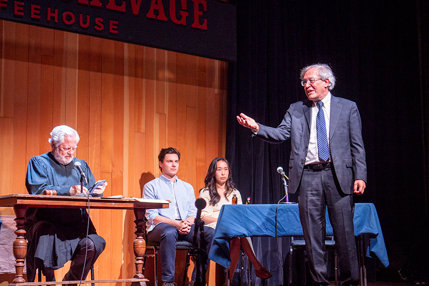 Berkeley Law Dean Erwin Chemerinsky makes his case against Friar Laurence as Judge Andrew Guilford, Romeo (Kieran Barry), and Juliet (Crystal Kim) look on.