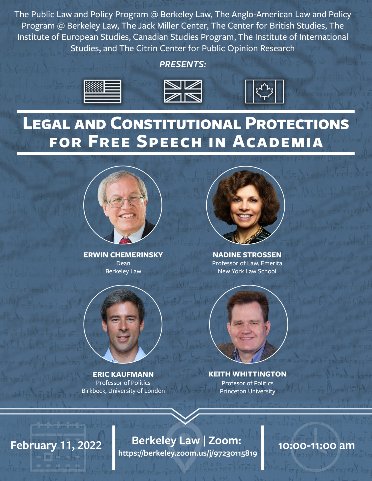 Legal and Constitutional Protections for Free Speech in Academia in the US, UK, and Canada Event Flyer