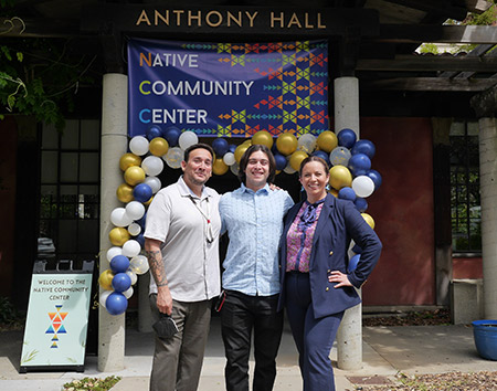 Director of Admissions and Operations Joseph Lindsay, Berkeley Native American Law Student Association Co-Chair Asunción Hampson-Medina ’23, and Theis-Alvarez at the recent NALSA graduation celebration. Photo: Rachel DeLetto 