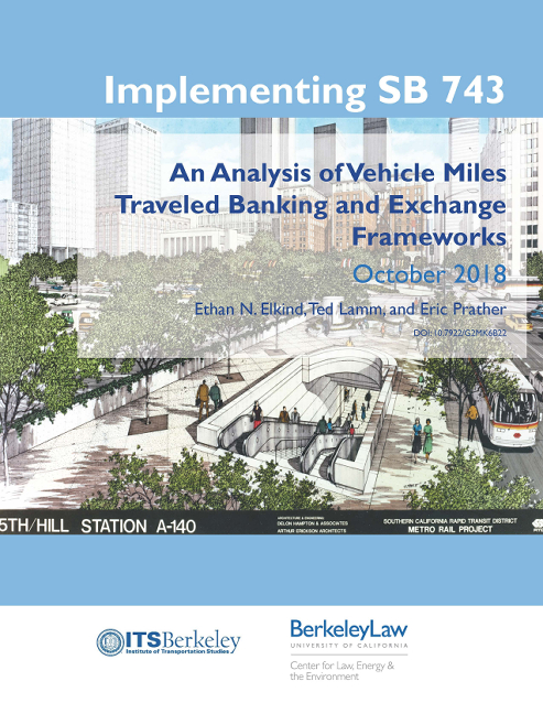 Report cover. Title: Implementing SB 743. Image: illustration of LA metro station entrance.