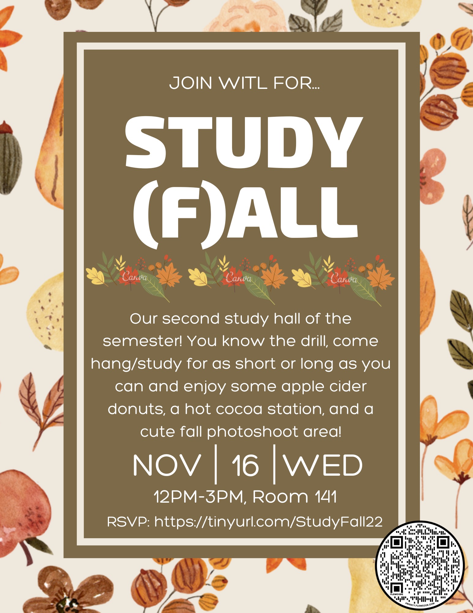 Please join us for our second study hall of the semester! Enjoy some apple cider donuts, a hot cocoa station, and a cute fall photoshoot area! Nov. 16 (Wed), noon-3pm, RM 141.