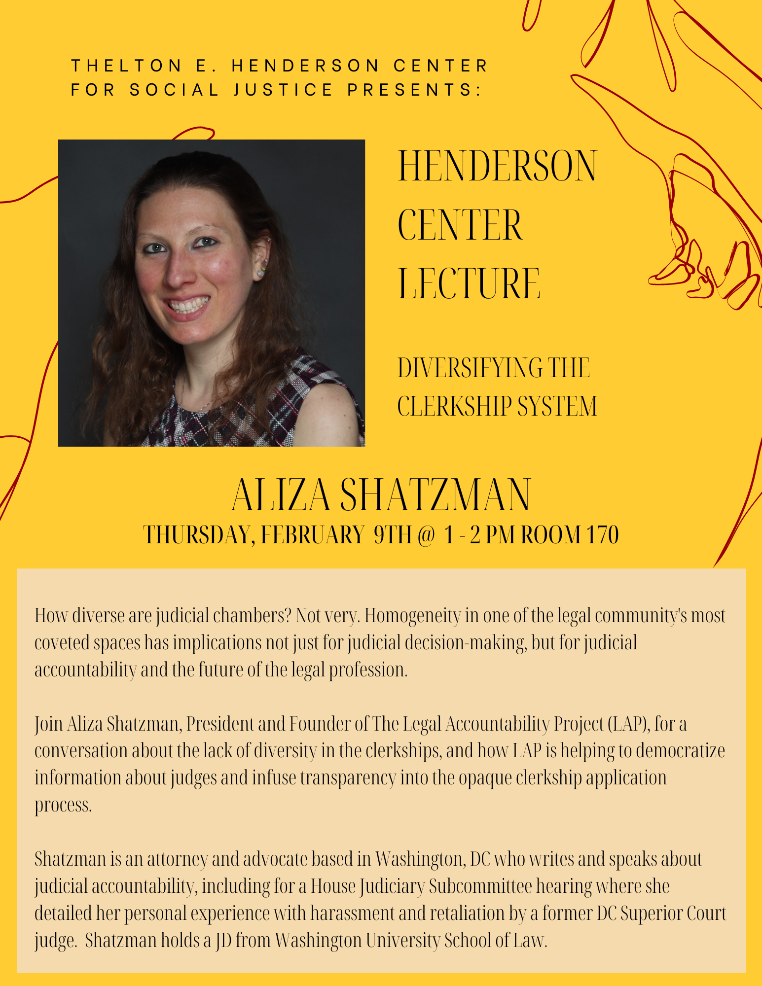 flyer for event on 2/9 with Aliza Shatzman